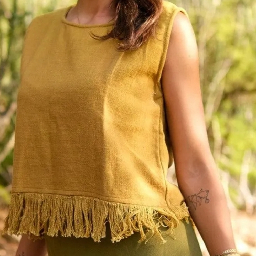 English Factory Anthropologie Women's Size S Mustard Sleeveless Fringe Crop Top